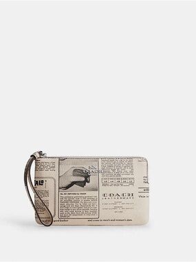 Coach Newspaper-Print Leather Wristlet in Beige and Brown